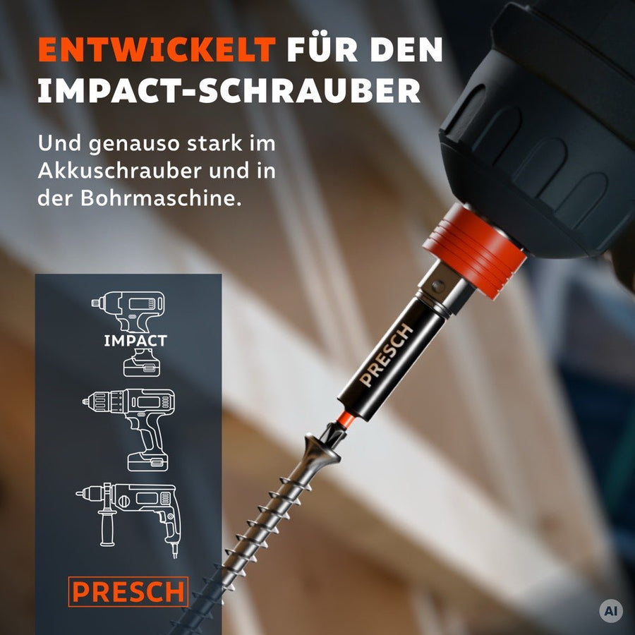 Impact Bit im Schlagschrauber, daneben Symbole für Schlagschrauber, Akkuschrauber und Bohrmaschine