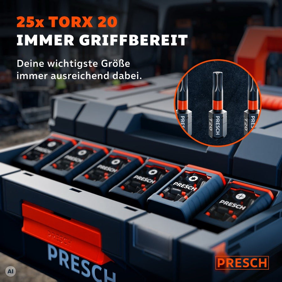 Spenderboxen mit Impact Bits in einem Werkzeugkoffer, vorne die Box mit T20