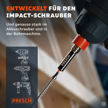 Impact Bit im Schlagschrauber, daneben Symbole für Schlagschrauber, Akkuschrauber und Bohrmaschine
