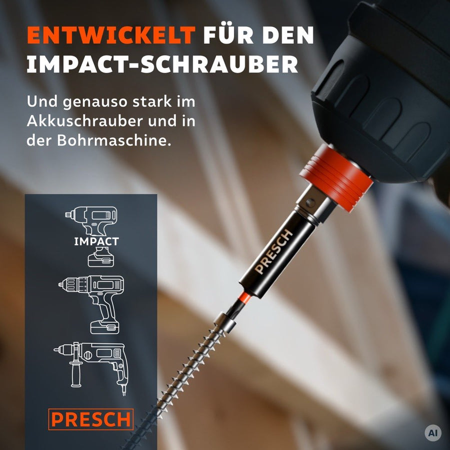 Impact Bit im Schlagschrauber, daneben Symbole für Schlagschrauber, Akkuschrauber und Bohrmaschine