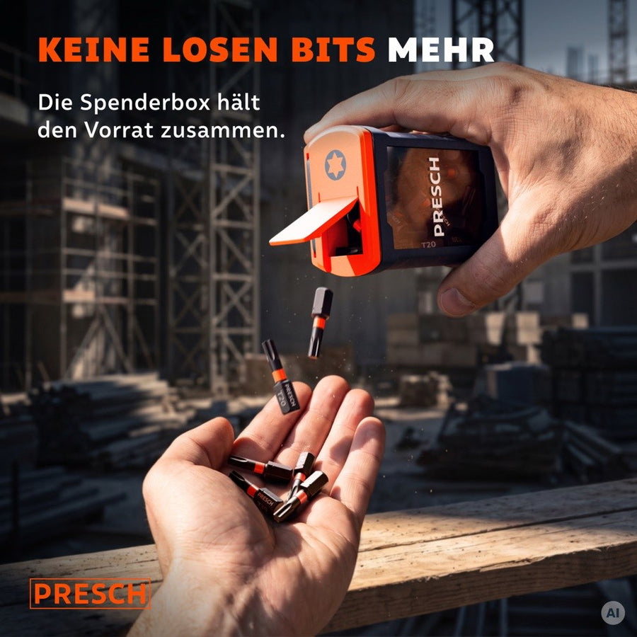 Hand entnimmt Bits aus der Spenderbox auf der Baustelle