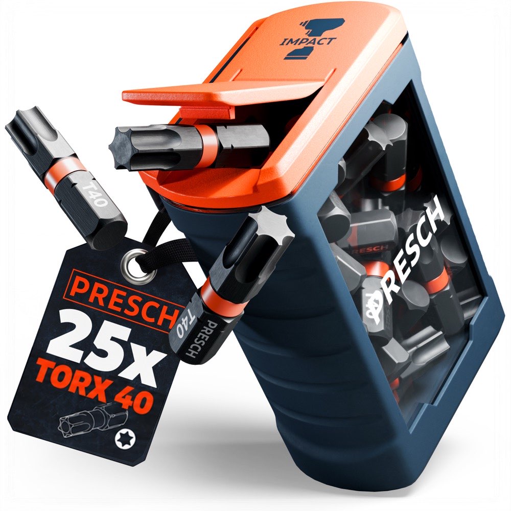 Drehbares 3D Modell des PRESCH Impact Bit Sets T40 mit 25 Bits in der Spenderbox
