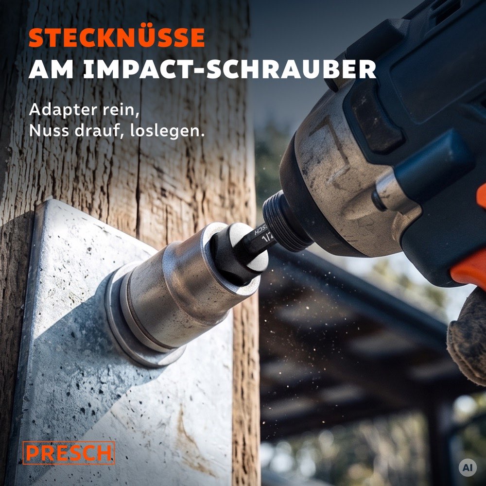 Schlagschrauber mit Stecknuss-Adapter und Nuss zieht eine Mutter an einem Pfostenträger an
