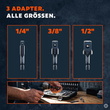 Die drei Adapter in 1/4, 3/8 und 1/2 Zoll im Überblick, darunter ein Steckschlüsselkasten