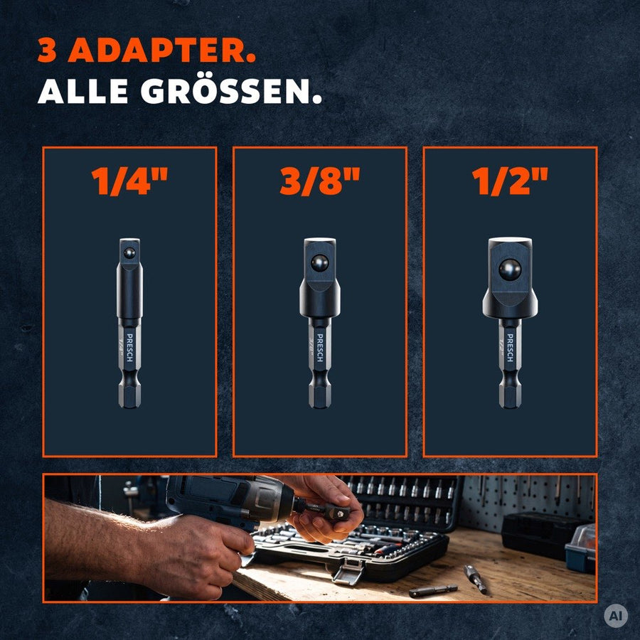 Die drei Adapter in 1/4, 3/8 und 1/2 Zoll im Überblick, darunter ein Steckschlüsselkasten