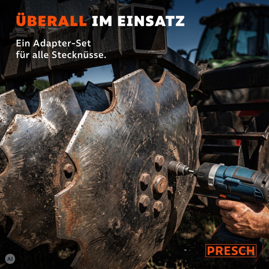 Akkuschrauber mit Stecknuss-Adapter an den Muttern einer Scheibenegge