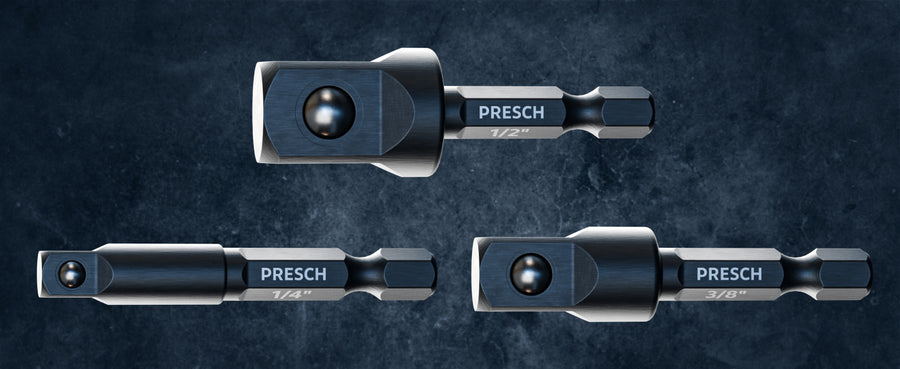 Die drei PRESCH Stecknuss-Adapter in 1/4, 3/8 und 1/2 Zoll in Nahaufnahme