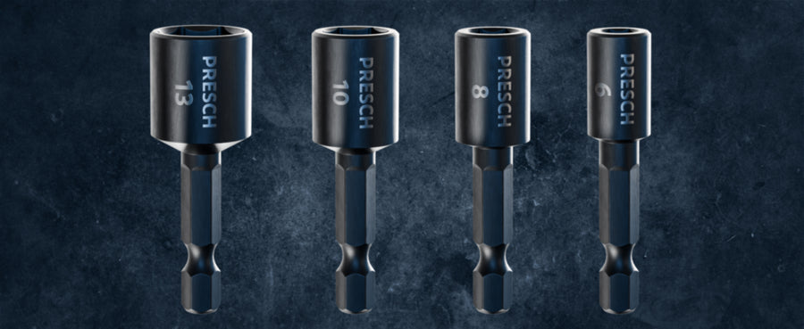 Die vier PRESCH Steckschlüssel-Bits in 13, 10, 8 und 6 mm nebeneinander