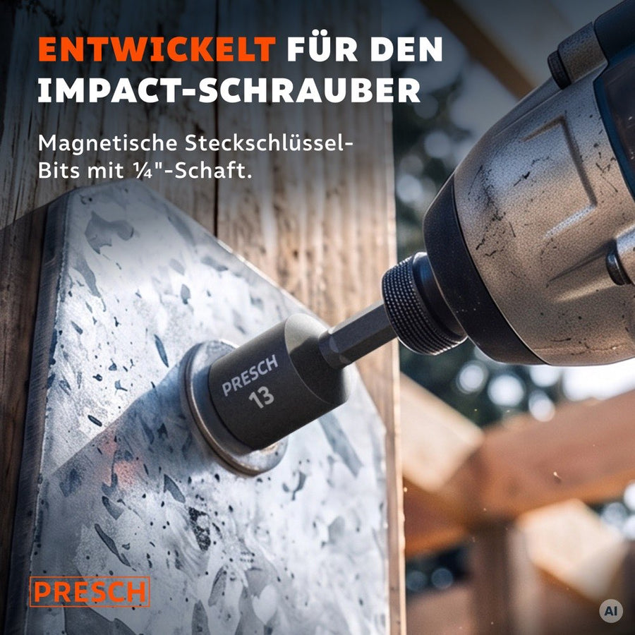 Schlagschrauber mit 13 mm Steckschlüssel-Bit zieht eine Sechskantschraube an einem Pfostenträger an