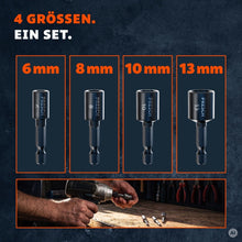 Die vier Steckschlüssel-Bits in 6, 8, 10 und 13 mm im Größenvergleich