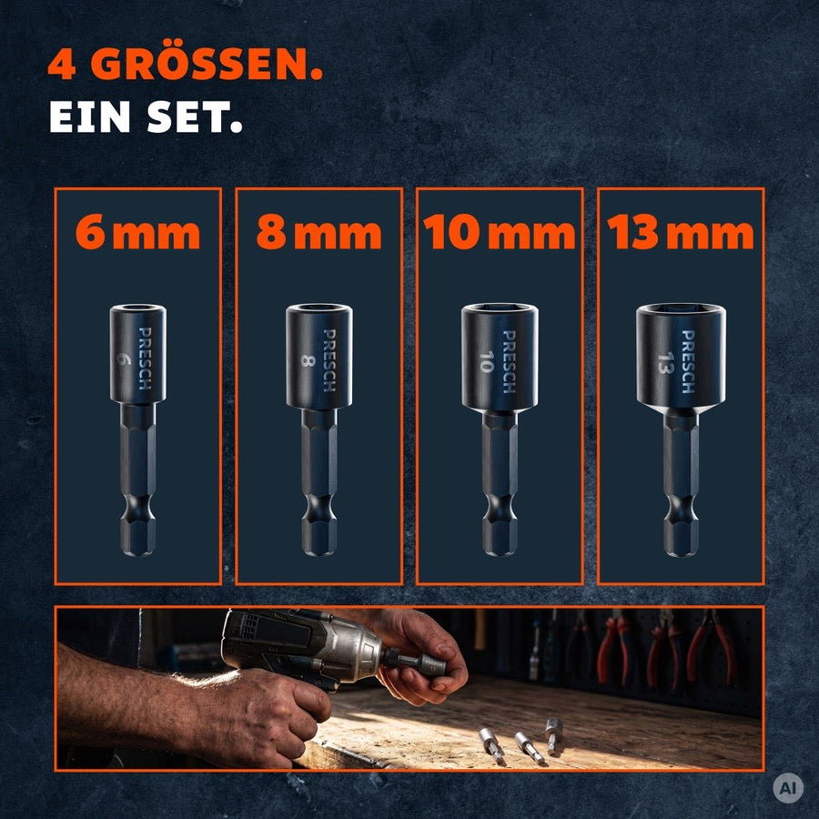 Die vier Steckschlüssel-Bits in 6, 8, 10 und 13 mm im Größenvergleich
