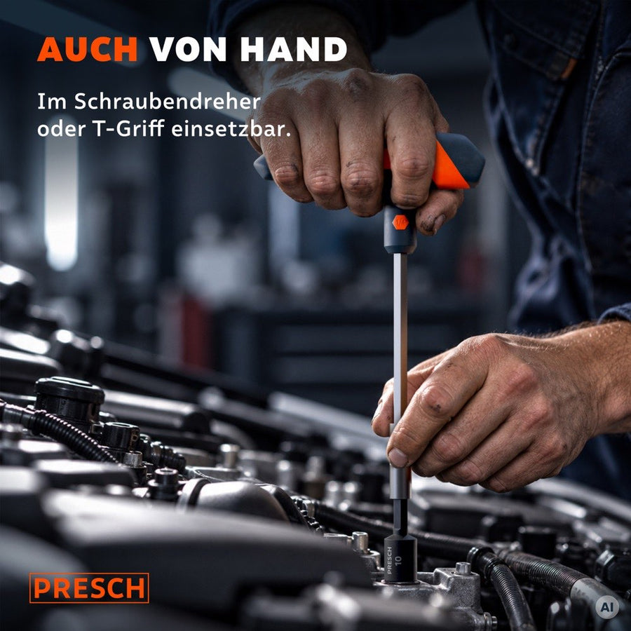 Mechaniker arbeitet mit T-Griff und Steckschlüssel-Bit im Motorraum
