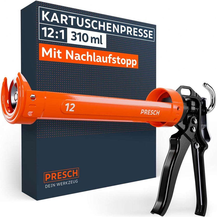 La presse à cartouches PRESCH avec un rapport de transmission de 12 : 1 pour des cartouches de 310 ml, équipée d'un arrêt de reflux intégré, présentée en orange‑noir éclatant avant l'emballage du produit.