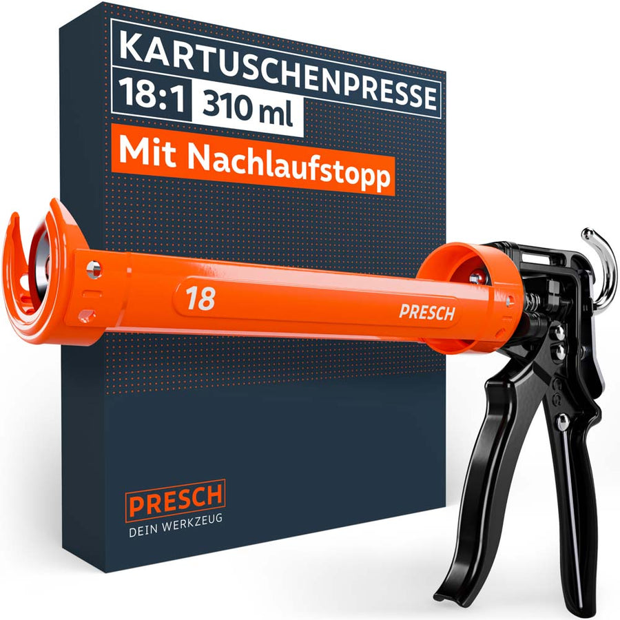 De PRESCH cartrijpresse met een overbrengingsverhouding van 18:1 voor 310 ml cartridges, uitgerust met een geïntegreerde naloopstop, wordt gepresenteerd in opvallend oranje‑zwart voor de productverpakking.