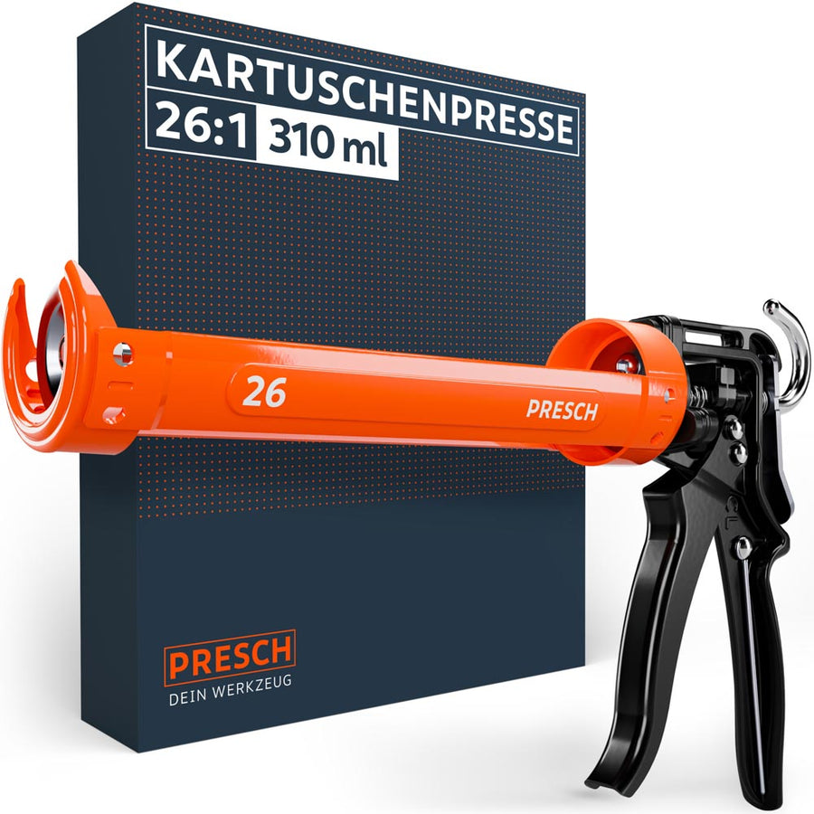 La presse à cartouches PRESCH avec un rapport de transmission de 26 : 1 pour des cartouches de 310 ml, présentée en orange‑noir distinctif devant l’emballage du produit.