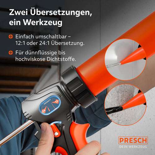 Detailansicht des Griffs der PRESCH Kartuschenpresse, die den Umschalthebel zwischen 12:1 und 24:1 Übersetzung zeigt; Illustration der Anwendung bei dünnflüssigen Stoffen auf Fliesen und zähflüssigem Kleber auf Beton.