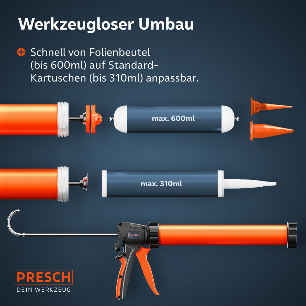 Eine technische Grafik zeigt die Vielseitigkeit des Werkzeugs, das sich in Sekunden von der Nutzung mit 600 ml Folienbeuteln auf Standard-310 ml-Kartuschen umrüsten lässt, inklusive der passenden Druckteller.