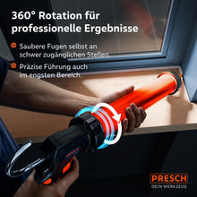 L'application de la presse à cartouches sur un rebord de fenêtre illustre la rotation à 360 degrés du boîtier, ce qui permet un guidage précis et des joints propres même dans les espaces les plus étroits.