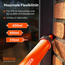 Photo détaillée du jointoiement d'un mur en parement de briques, mettant en avant la compatibilité avec des cartouches de 310 ml ainsi que des sacs en film de 300 ml et 600 ml pour une flexibilité d'utilisation maximale.