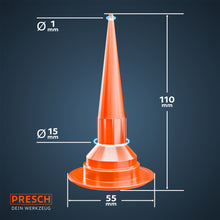 Dessin technique de la buse de précision étroite pour la presse à sacs PRESCH avec une pointe fine de 1 mm et une longueur totale de 110 mm, idéale pour les travaux d'étanchéité délicats.