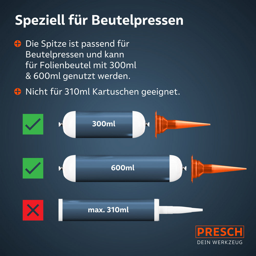 Eine Infografik zeigt die Einsatzbereiche: Die Beutelspitzen sind perfekt für 300 ml und 600 ml Folienbeutel geeignet, jedoch ausdrücklich nicht mit Standard-310 ml-Kartuschen kompatibel.