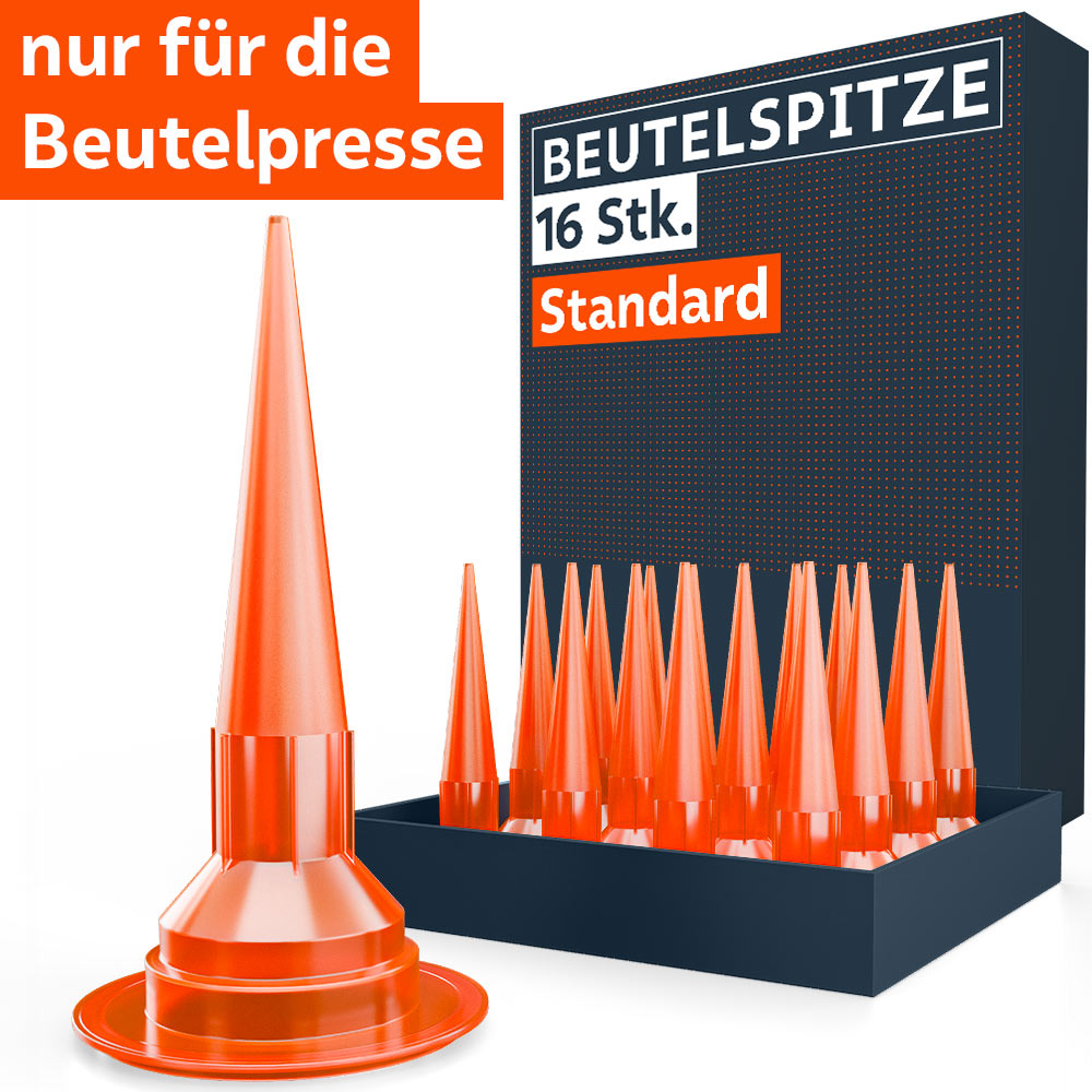Das PRESCH Set enthält 16 Standard-Beutelspitzen in Orange, präsentiert mit der Markenverpackung; ein auffälliger Hinweis verdeutlicht, dass dieses Zubehör exklusiv für Beutelpressen konzipiert ist.