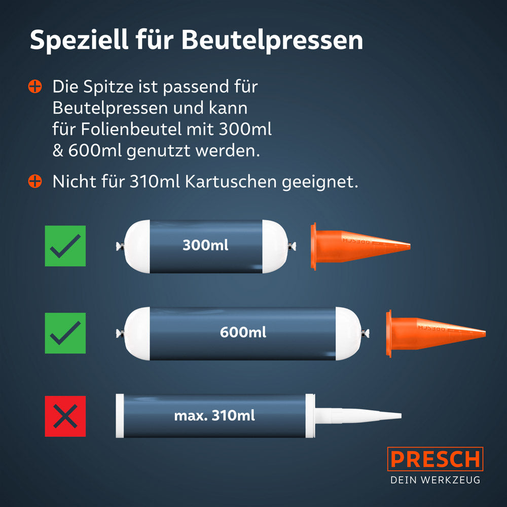 Eine Infografik zeigt die korrekte Anwendung: Die Beutelspitzen mit Skala sind perfekt für 300 ml und 600 ml Folienbeutel geeignet, während sie für Standard-310 ml-Kartuschen nicht passend sind.