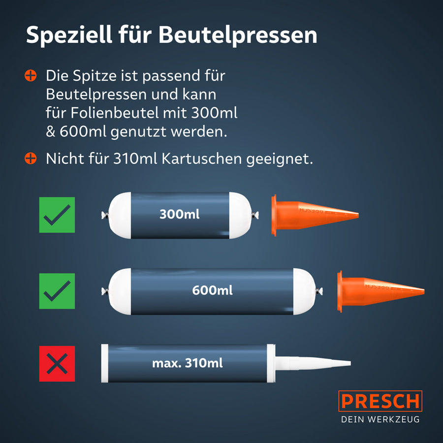 Een infographic toont de correcte toepassing: De zakpennen met schaal zijn perfect geschikt voor 300 ml en 600 ml foliezakjes, terwijl ze niet passen bij standaard 310 ml cartridges.