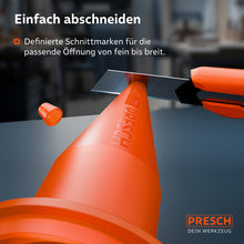Demonstratie hoe de PRESCH zakpen tip met een snijmes wordt ingekort; de ingeprente snijlijnen en de schaal maken het mogelijk om de openinggrootte precies aan te passen aan de gewenste voegbreedte.