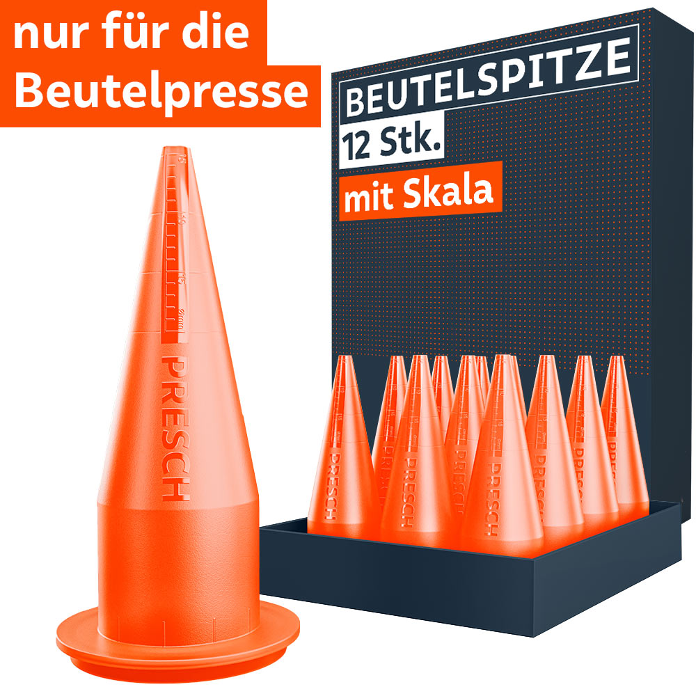 Das PRESCH Set enthält 12 Beutelspitzen mit integrierter Skala in Orange, präsentiert mit der Markenverpackung; ein auffälliger Warnhinweis verdeutlicht, dass dieses Zubehör ausschließlich für Beutelpressen entwickelt wurde.