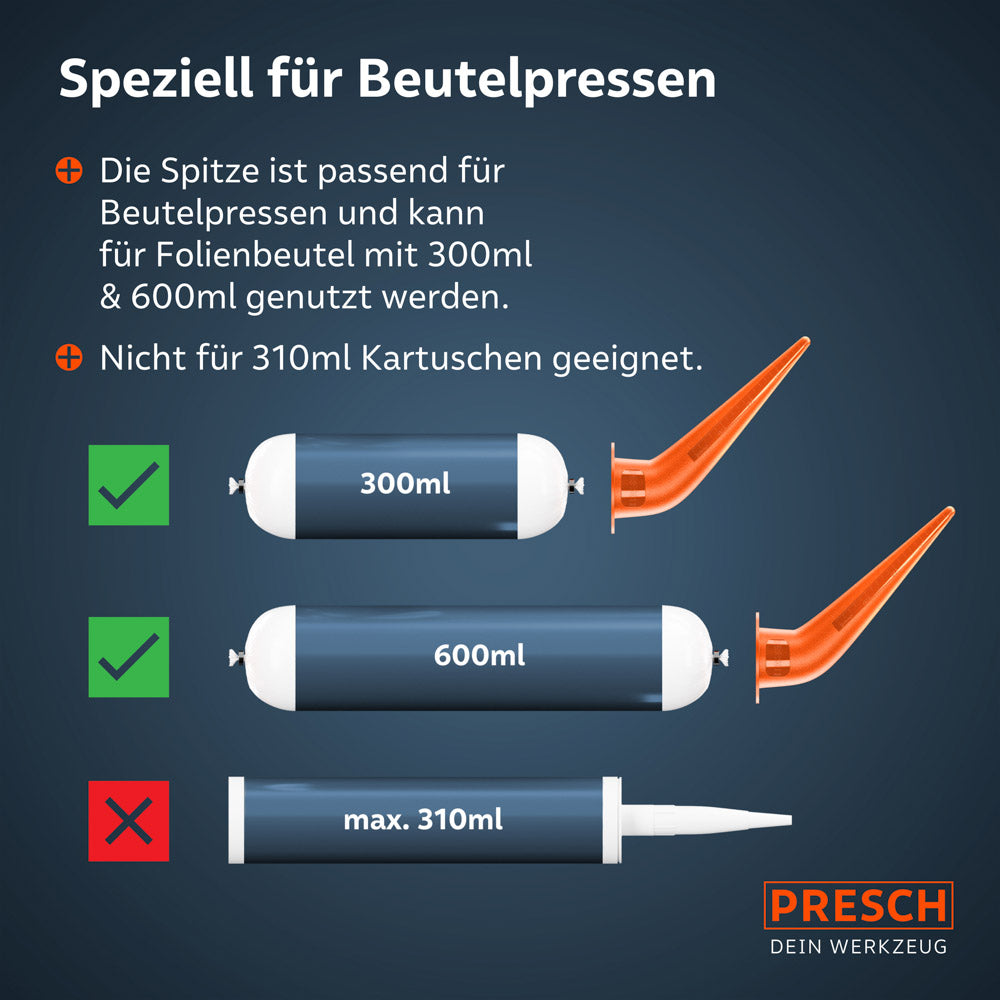 Eine Infografik zur Anwendung: Die gebogenen Spitzen sind ideal für 300 ml und 600 ml Folienbeutel geeignet, jedoch ausdrücklich nicht mit Standard-310 ml-Kartuschen kompatibel.