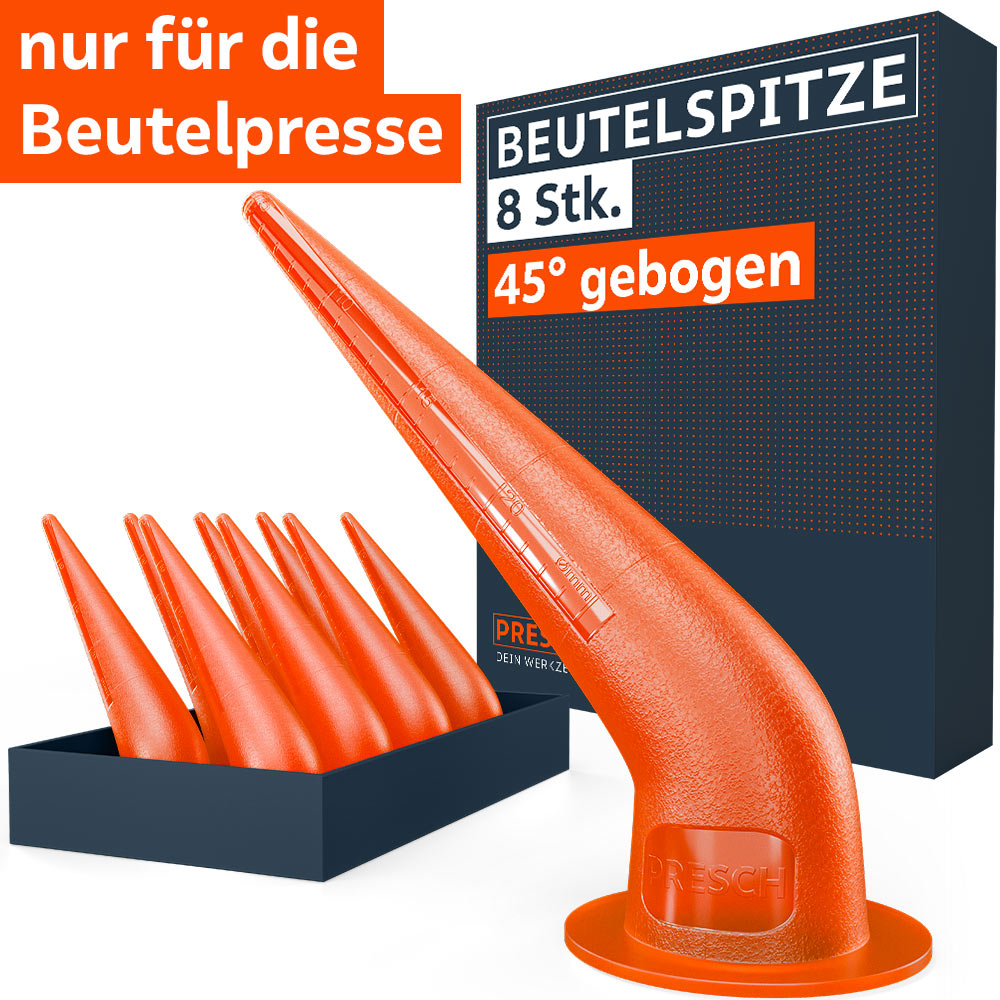 Das PRESCH Set enthält 8 um 45 Grad gebogene Beutelspitzen in Orange, präsentiert mit der Markenverpackung; ein auffälliger Hinweis verdeutlicht, dass dieses Spezialzubehör ausschließlich für Beutelpressen konzipiert ist.