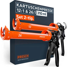 Le ensemble de presses à cartouches PRESCH 2 pièces comprend une presse 12 : 1 pour les mastics standards et une presse 26 : 1 pour les adhésifs visqueux, présentée en orange‑noir éclatant devant l’emballage du produit.