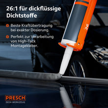 La presse à cartouches PRESCH 26:1 utilisée lors de l’entretien des véhicules ; grâce à sa forte transmission de force, elle est parfaite pour le traitement des colles de montage haute adhérence très visqueuses.