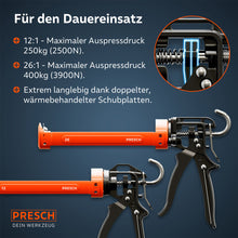 Vue détaillée technique des deux presses : la variante 12:1 offre une pression d’extraction de 250 kg, tandis que la version 26:1 atteint jusqu’à 400 kg ; les deux sont équipées de plaques de poussée extrêmement durables et traitées thermiquement.