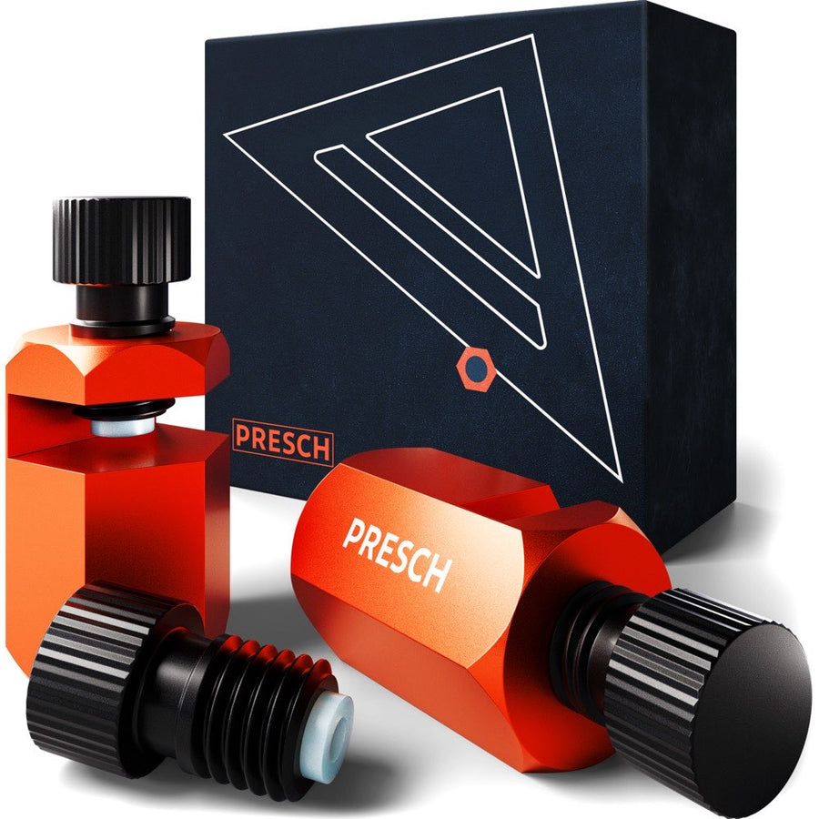 PRESCH klemstop: twee oranje klemmen met een knikschroef voor de verpakkingsdoos.