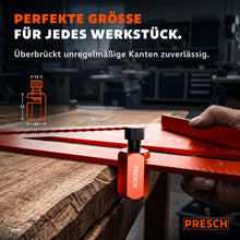 De klemaanslag kan nauwkeurig worden afgesteld op de afmetingen van elk werkstuk en overbrugt onregelmatige randen.