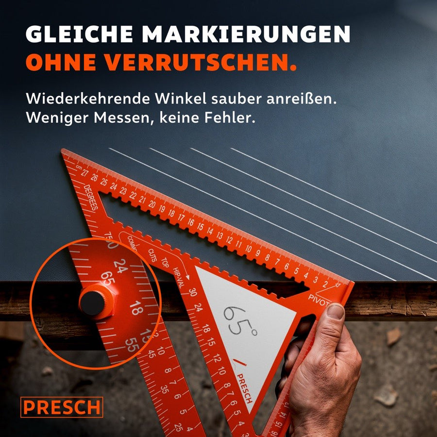 De klemaanslag houdt de markering stevig vast in een hoek van 65 graden, zonder dat deze verschuift tijdens het aftekenen.