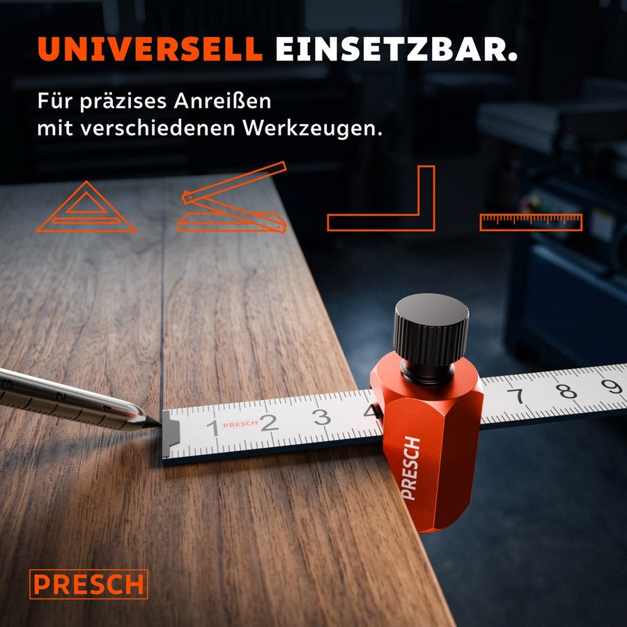 De klemaanslag kan universeel worden gecombineerd met diverse aftekeninstrumenten, zoals linialen.