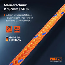 PRESCH corde de maçon avec fil polyester robuste pour travaux de construction et projets de jardin, diamètre 1,7 mm et longueur 50 m.
