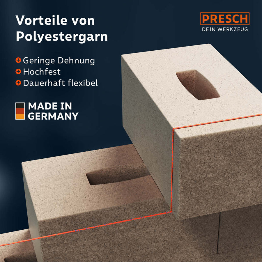 Corde de maçon Presch avec les avantages du fil polyester, haute résistance et flexible, sur blocs de mur.