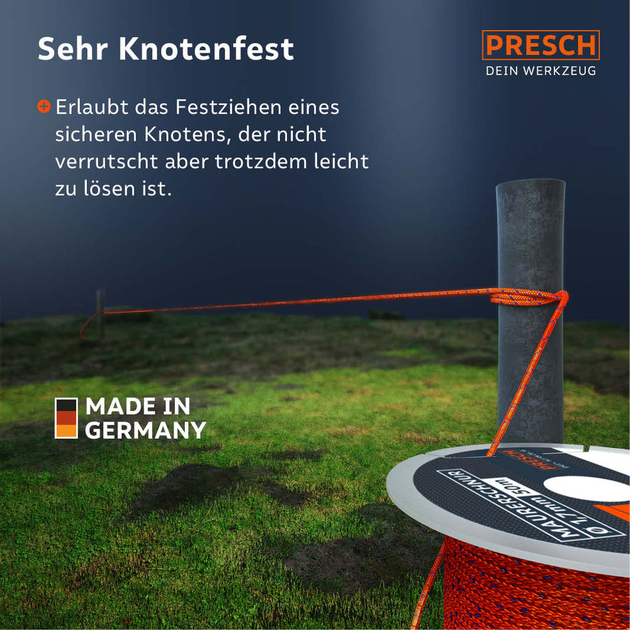 Corde de maçon haute qualité Presch en orange, résistante aux nœuds et durable, idéale pour le traçage précis sur le chantier.