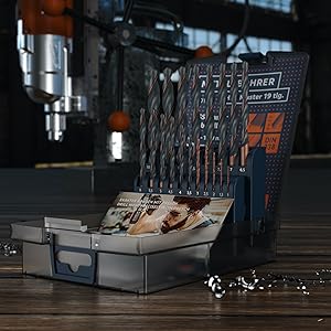 Metallbohrer-Set von PRESCH mit HSS Bohrern in unterschiedlichen Größen präsentiert auf Werkbank, inklusive Bohrerbox und Produktinformationen.