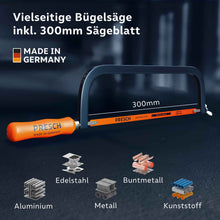 Vielseitige klassische Bügelsäge mit 300 mm Sägeblatt; geeignet für präzise Schnitte in Aluminium, Edelstahl, Metall, Buntmetall und Kunststoff.