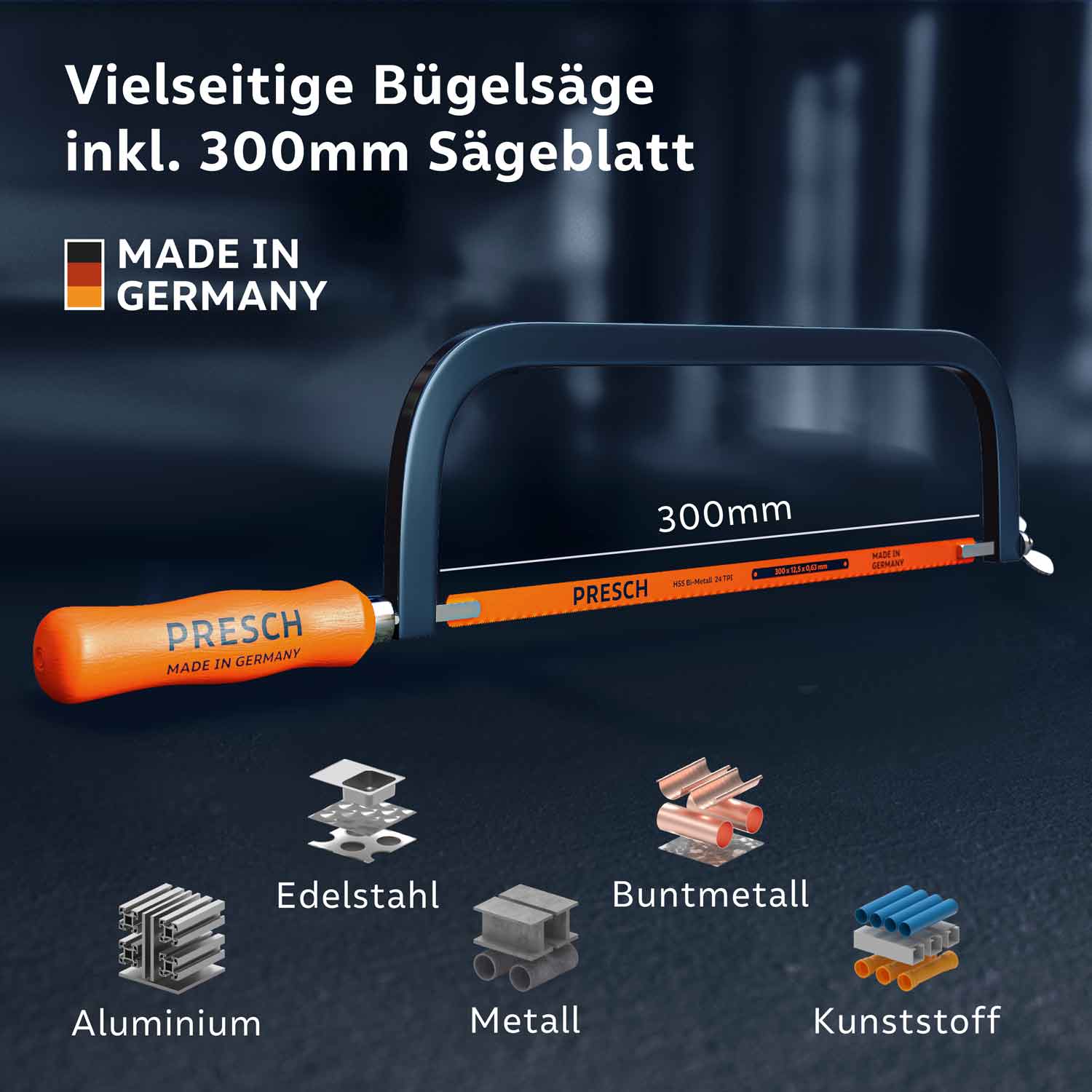 Vielseitige klassische Bügelsäge mit 300 mm Sägeblatt; geeignet für präzise Schnitte in Aluminium, Edelstahl, Metall, Buntmetall und Kunststoff.