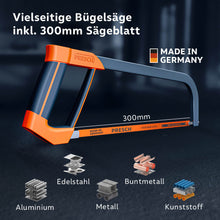 Vielseitige Bügelsäge inklusive 300mm Sägeblatt; ideal zum Trennen von Aluminium, Edelstahl, Metall, Buntmetall und Kunststoff.