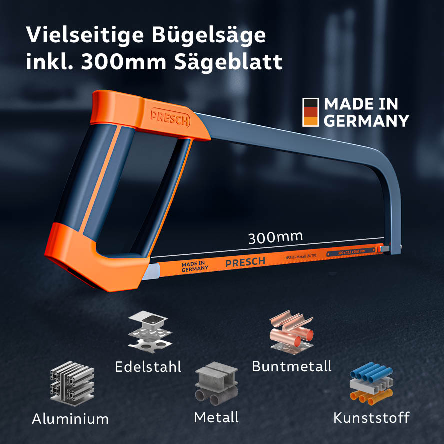 Vielseitige Bügelsäge inklusive 300mm Sägeblatt; ideal zum Trennen von Aluminium, Edelstahl, Metall, Buntmetall und Kunststoff.