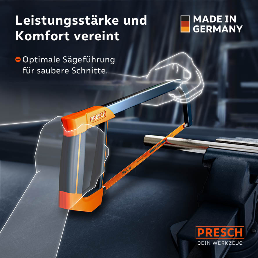 Guidage de scie optimal pour des coupes propres : la scie à onglet ergonomique utilisée pour couper un tube métallique dans l’étau.
