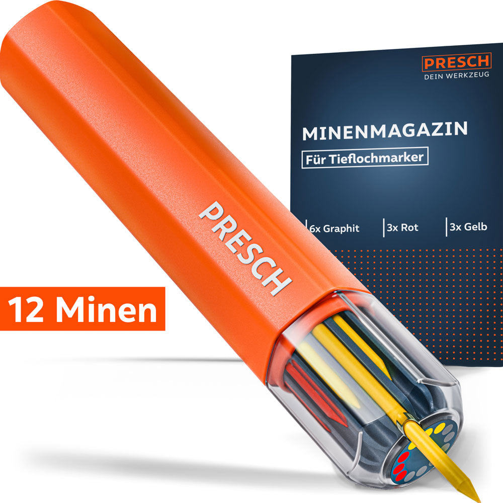 Das orangefarbene PRESCH Minenmagazin mit 12 gemischten Minen (6x Graphit, 3x Rot, 3x Gelb) vor der dunkelblauen Produktverpackung.