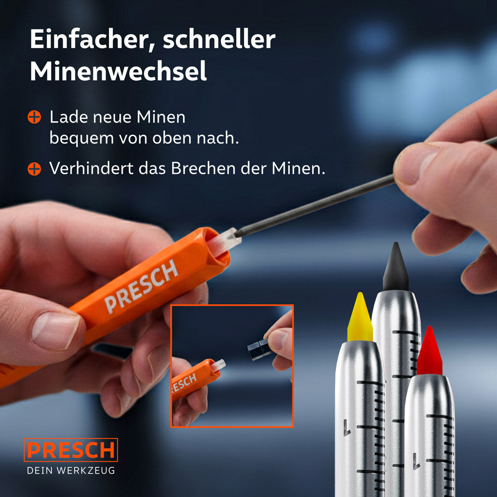 Einfacher Minenwechsel von oben: Ein Handwerker führt eine neue Mine in den SPOTIX Tieflochmarker ein. Ein Inset zeigt die Farbauswahl (Schwarz, Gelb, Rot).